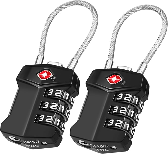 ZHEGE TSA Approved Locks for Luggage, 3 Digit Resettable Keyless Cable Locks with Zinc Alloy Body, Easy to Read White Numbers, for Suitcase, Backpack, Bag, Toolbox, Gym Locker (Black, 2 Pack)