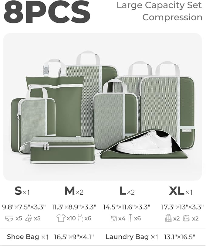 Percover Compression Packing Cubes 8-Piece Set, Packing Cubes Compression for Travel with Laundry Bag & Shoe Bag, Travel Organizer for Carry On & Checked Luggage, Green