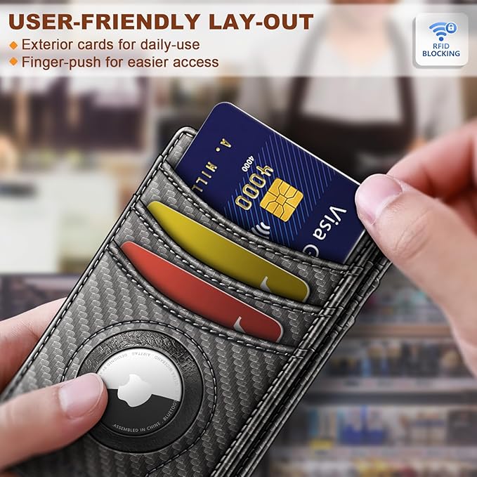BULLIANT Men Airtag Wallet,Slim Wallet Money Clip Card Holder Magnetic Closure 12 Cards in Front Pocket RFID Blocking