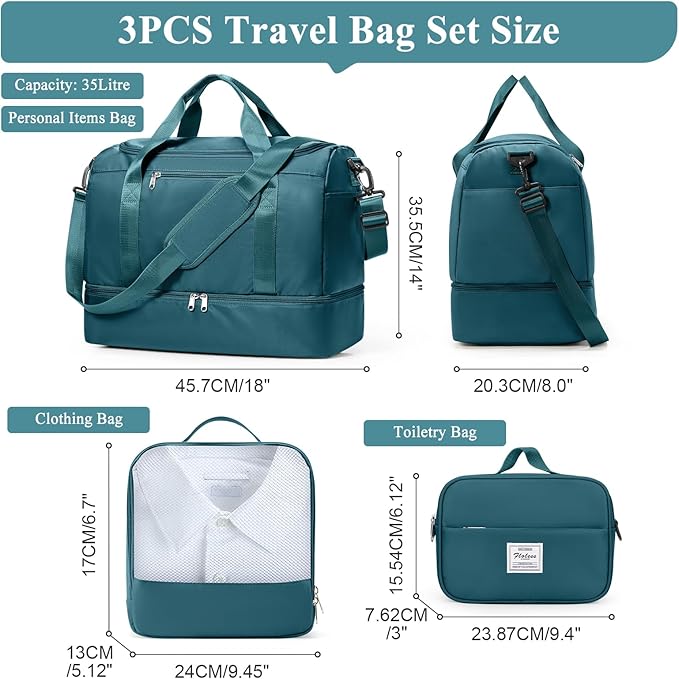 Travel Duffel Bag for Women, Carry-on Overnight Weekender Bags with Wet Pocket & Toiletry Bag, For Spirit Airlines 18x14x8 Personal Item Bag,3 Pcs Set,Small