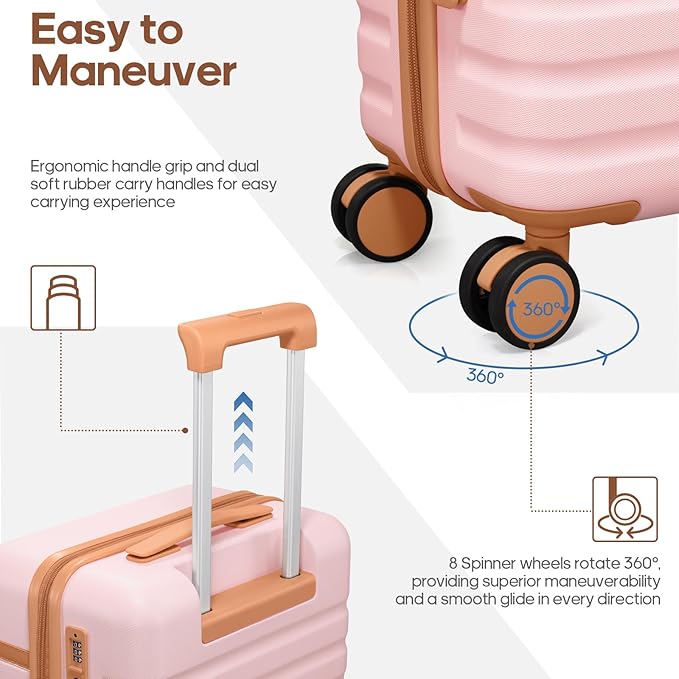 UKEIN Luggage Sets 3 Piece, Carry On Luggage 20In With Spinner Wheels,PC Hardside Suitcase Set with TSA Lock,Durable Carry On Suitcase With Travel Backpack for Men (Pink, 3 piece set (20inch))