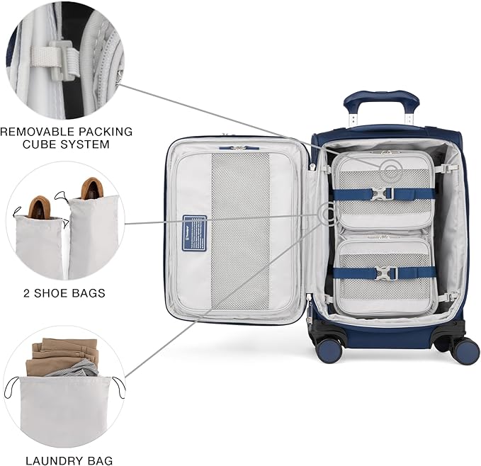 Travelpro VersaPack+ Lightweight Softside Expandable Carry on Luggage, 8 Spinner Suitcase, TSA Lock, Men and Women, Compact Carry On 20-Inch, Estate Blue