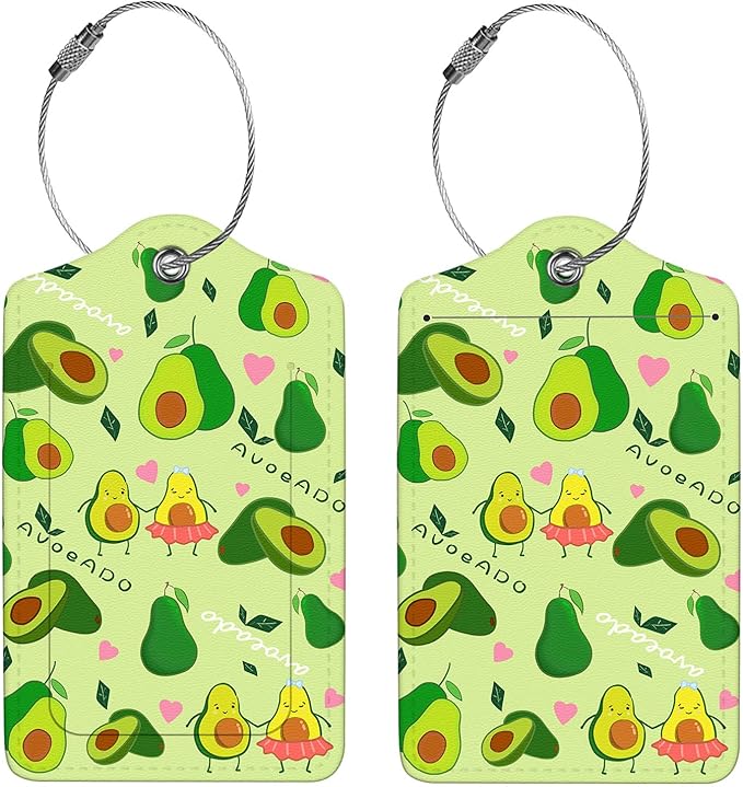 2 Pcs Luggage Tags for Suitcase, Cute Unique PU Leather Travel Bag Tag with Privacy Cover ID Label Address Card and Durable Metal Ring Suitable for Men Women Children Backpack,Avocado