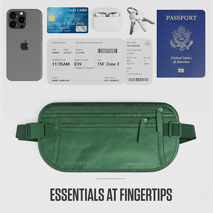VENTURE 4TH Money Belt for Travel – Hidden Under-Clothes RFID Blocking Passport Holder & Slim Travel Wallet Pouch for Men & Women to Protect Cash, Cards & Documents (Sleek Army Green)