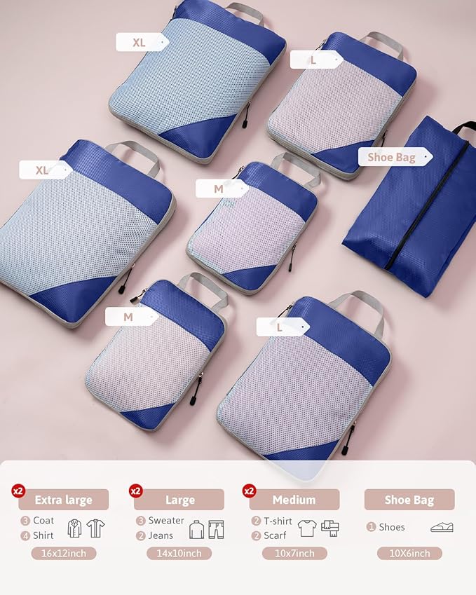 Meowoo 7 Set Compression Packing Cubes for Travel, Durable Ripstop Mesh Suitcase Organizer with Shoe Bag, Ultralight & Expandable Space Saver Travel Cubes