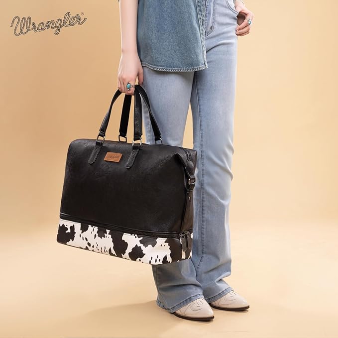 Wrangler Travel Duffel Bag Carry On Overnight Bag with Shoe Compartment Cow Print Weekender Bag for Women WG253-5110COW-BK
