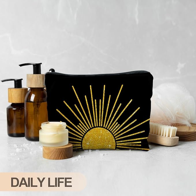 Boho Makeup Bag, Boho Abstract Black and Gold Sun Sunshine Makeup Bags for Women, Boho Gifts for Women, Boho Makeup Pouch Zipper Pouch, Aesthetic Makeup Bag