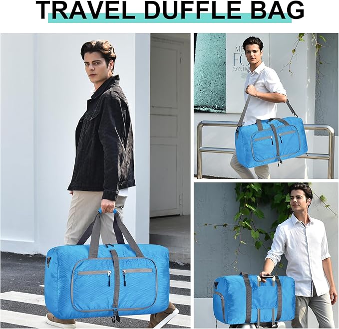 Dimayar Travel Duffle Bag for Men Women - Foldable Duffel Bag with Shoes Compartment - Overnight Bags Waterproof & Tear Resistant(85L,Light Blue)
