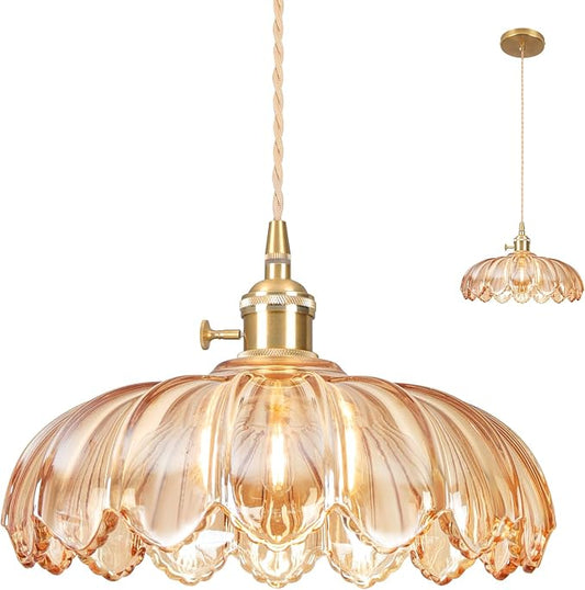 Pendant Lights Kitchen Island,Amber Glass Vintage Light Fixtures,9.8inch E26 Adjustable Hanging Light Flower Finish Ceiling Hanging Lamp for Bedroom Living Room Hallway 1 Light