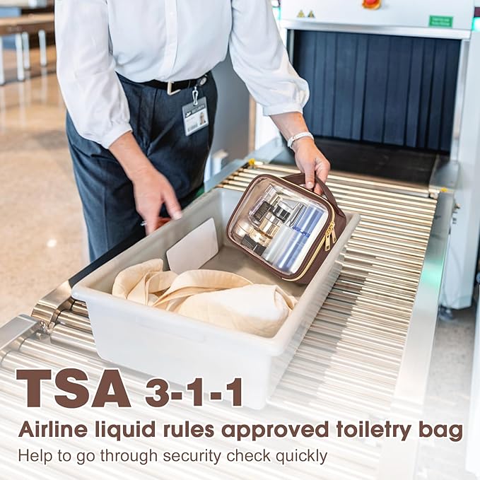 Wedama TSA Approved Toiletry Bag, 3 Pack Clear Makeup Bags with Handles, Quart Size PVC Clear Cosmetic Bags for Women and Men, Carry on Airport Airline Compliant Bag, Brown