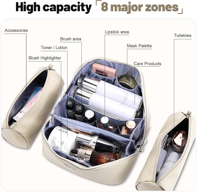 BOYATU Travel Makeup Bag Cosmetic Bags for Women: Large Capacity 3 Pcs Set Make up Bag with Compartments - Waterproof Vegan Leather Toiletry Organizer Bags with Handle (L27Off-white)
