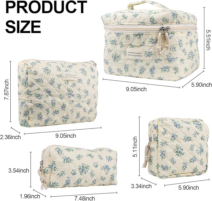Cute Makeup Bag for Women(2 Pcs), Travel Cosmetic Bags, Quilted Coquette Aesthetic Floral Toiletry Organizer Bag (41 - Blue Rose/4PCS)