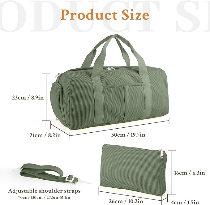 2PCS Cute Gym Bag for Girls, Corduroy Duffle Bag with Wet Pocket & Shoe Compartment and item bag, Duffle Bag for Travel, Sports, Fitness & Workout