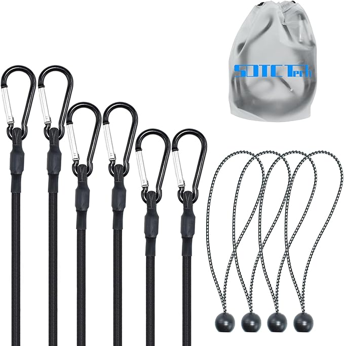 SDTC Tech 12" 18" 24" Mini Short Bungee Cords with Carabiner Hooks and 9 Inches Length Ball Bungee Elastic Tie Downs Straps Assortment Kit for Tent, Bike, Kayak, Luggage, Home Storage