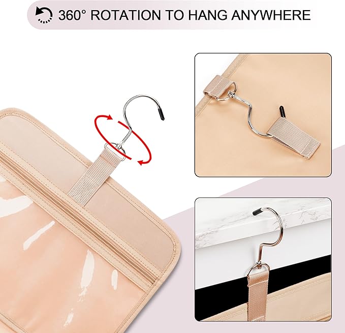 Travel Hanging Toiletry Bag for Women, Large Makeup Bag 8 Leak Proofing Silicone Bottle Covers, Waterproof Cosmetic Bag with Jewelry Organizer Compartment, Toiletries Kit Set, Pink