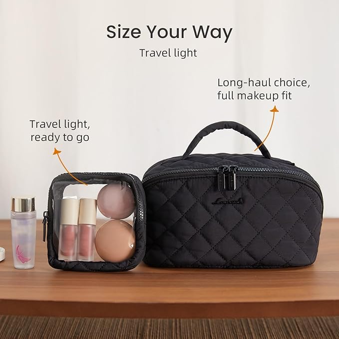 LOVEVOOK Travel Makeup Bag for Women, 2Pcs Puffer Waterproof Cosmetic Organizer, Large Capacity Pouch Open Flat Small Toiletry Bag with Brush Compartment & Handle (Black, Medium)