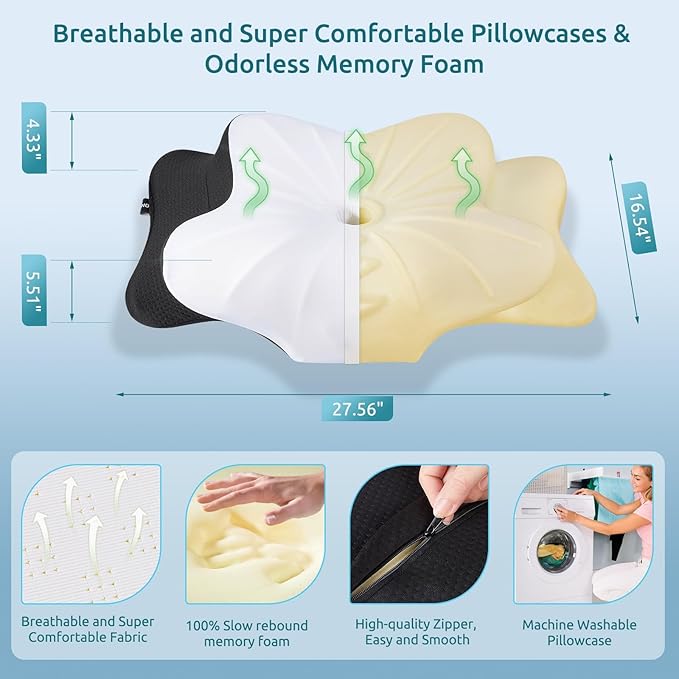 DONAMA Cervical Pillow for Neck and Shoulder Pain Relief, Cooling Contour Memory Foam Pillow, Dual-Height Ergonomic Neck Support Pillow for Side Back Stomach Sleepers with Removable Pillowcase