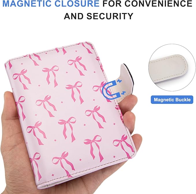 Passport Holder for Travel Essentials, RFID Blocking Passport Wallet Cover with Magnetic Closure, Passport Book Holders for Women and Men (Pink Bow)