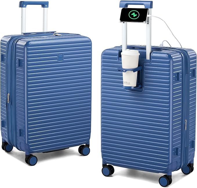 HanTrip Hard Shell Suitcases Travel Expandable Luggage, 24 Inch Check in Luggage with Spinner Wheels Cup Holder Charger Built in, Checked Medium Suitcase Lightweight Suitcases, Interstellar Blue