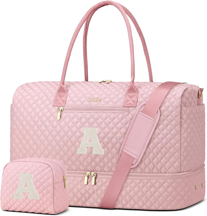 Letter Weekender Bags for Womens- Duffle Bag with Shoe Compartment Personalized Overnight Bag with Toiletry Bag Duffel Bags for Gym Hospital Bags Gift for Women Pink (Letter A)