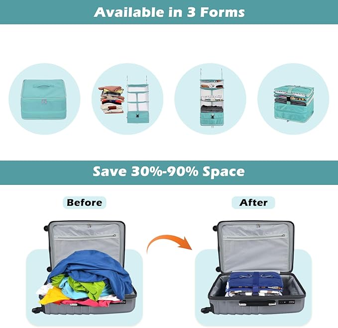 Surblue Hanging Closet Storage Bag Collapsible 3-Shelf Washable Oxford Fabric with 2 Hooks (L 11.41 * 11.41 * 19.68in, Aqua Blue)