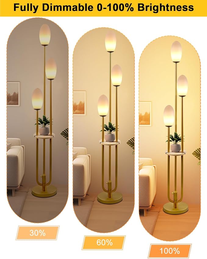 Lightdot Gold Floor Lamp Dimmable with Table, Tall Standing Lamps with 3-Oval LED Warm White Bulbs Included, Mid Century Modern Floor Lamp with 5Lbs Heavy Base for Living Room/Sofa Beside/Corner Decor