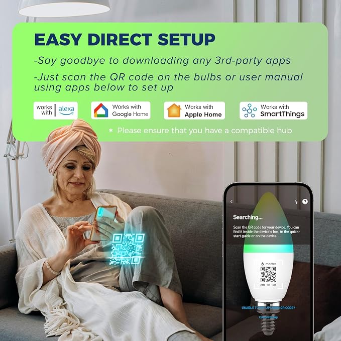 Matter Smart E12 LED Bulbs 60W, RGBCW Candelabra Light Bulbs | Compatible with Alexa/Apple Home/Google Home/SmartThings, 500LM 6W Candle Smart bulb ETL Listed 2.4G WiFi, Hub Required, 4PCS