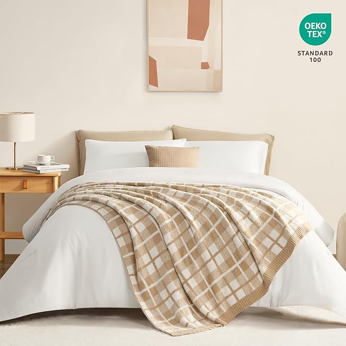 Snuggle Sac Buffalo Plaid Bedding Blanket Twin Size, Super Soft Cozy Warm Knit Decorative Blankets, Reversible Plaid Fluffy Throws for Bed, Beige Plaid, 60x80 Inches