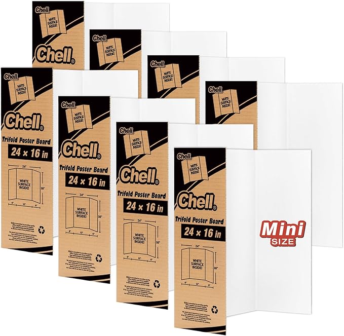 Chell Mini Size Trifold Poster Board, 16" x 24", Small Corrugated Project Boards, White, 8 Pack