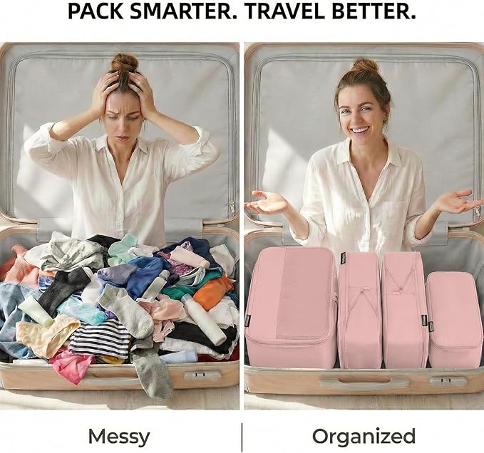 4 Piece Compression Packing Cubes for 3–7 Day Travel, Lightweight Travel Organizers with Breathable Mesh, Double-Zipper Packing Cubes for Carry-On & Suitcases (Dusty Pink)