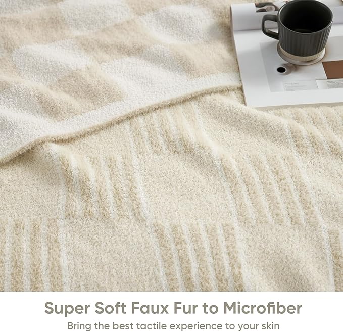 Snuggle Sac Cream Checkered Throw Blanket,Fluffy Faux Fur Reversible Soft Microfiber Warm Throw Blankets for Couch, Sofa,Travel,Cute Lightweight Striped Throws for Women, Heather Cream, 50x60 inches
