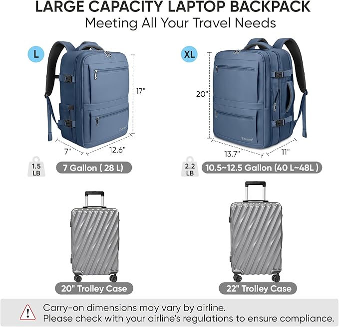 BALEINE Travel Backpack for Women Men, Large Sturdy Carry On Laptop Backpack Gifts for Business, Casual, Weekender, Hiking (Large, Dusty Blue)
