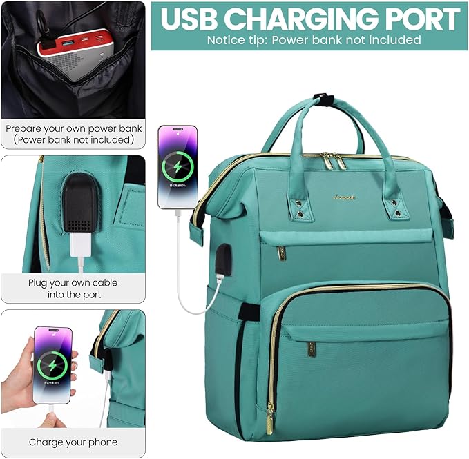 LOVEVOOK Laptop Backpack for Women,18 Inch Professional Womens Travel Backpack Purse Computer Laptop Bag Nurse Teacher Backpack,Waterproof College Work Bags Carry on Back Pack with USB Port,Mint Green