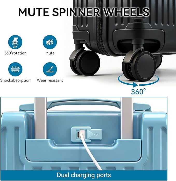 Carry On Luggage with Spinner Wheels,PC Hard Shell Suitcase with USB Port,Lightweight Travel Luggage Airline Approved for Men Women,Black,3-Piece Set (14/20/24)