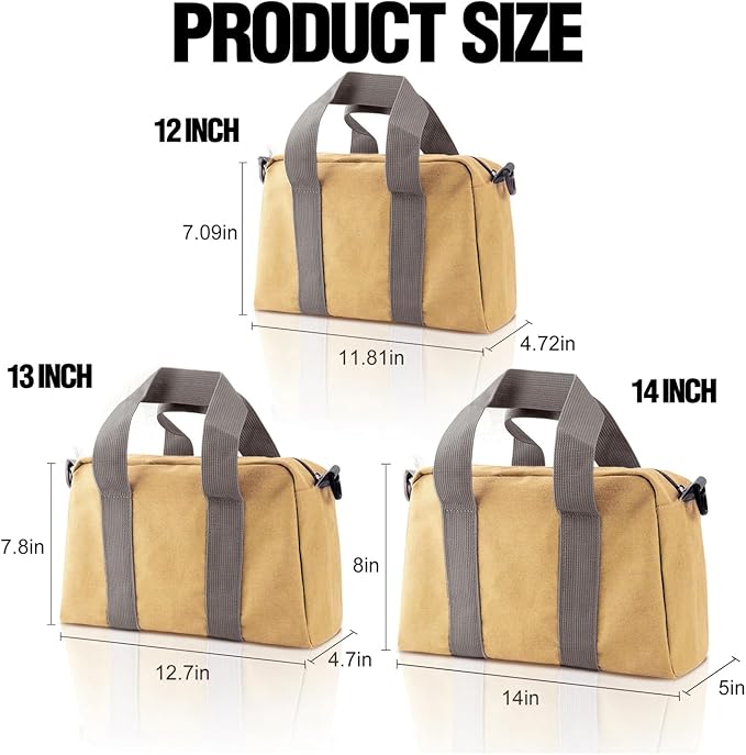 Small Tool Bag, Canvas Tool Storage Bag, Large Capacity Multipurpose Zipper Soft Tote Organizer Pouch for Electrician, Plumbing, Gardening,Tools Bags for Men (Khaki, 14 Inch)