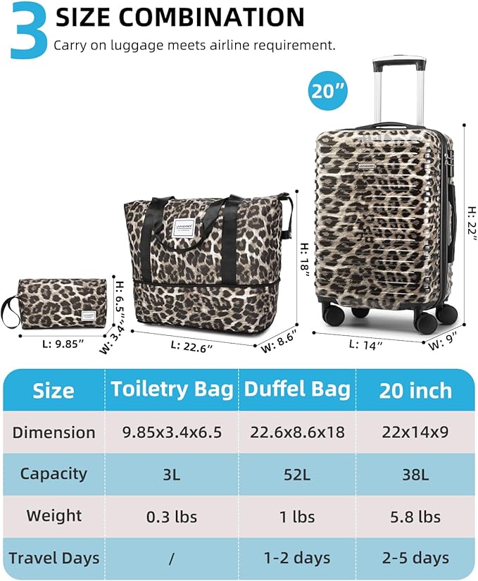 LARVENDER Carry on Luggage 22x14x9 Airline Approved, Expandable 20 Inch Hardside Suitcase with Wheels TSA Lock, PC+ABS Lightweight Carry on Suitcases for Women, Cheetah Print (20/DB/TB)