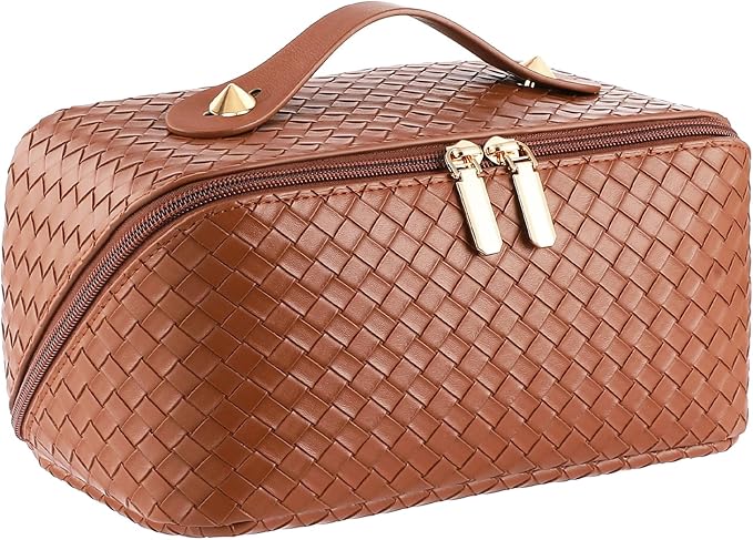 Large Capacity Travel Cosmetic Bag - Portable Makeup Bags for Women Waterproof PU Leather Checkered Makeup Organizer Bag with Dividers and Handle,Toiletry Bag for Cosmetics