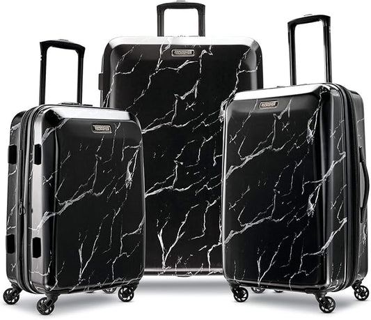 American Tourister Moonlight Hardside Expandable Luggage with Spinner Wheels, Black Marble, 3-Piece Set (21/24/28)