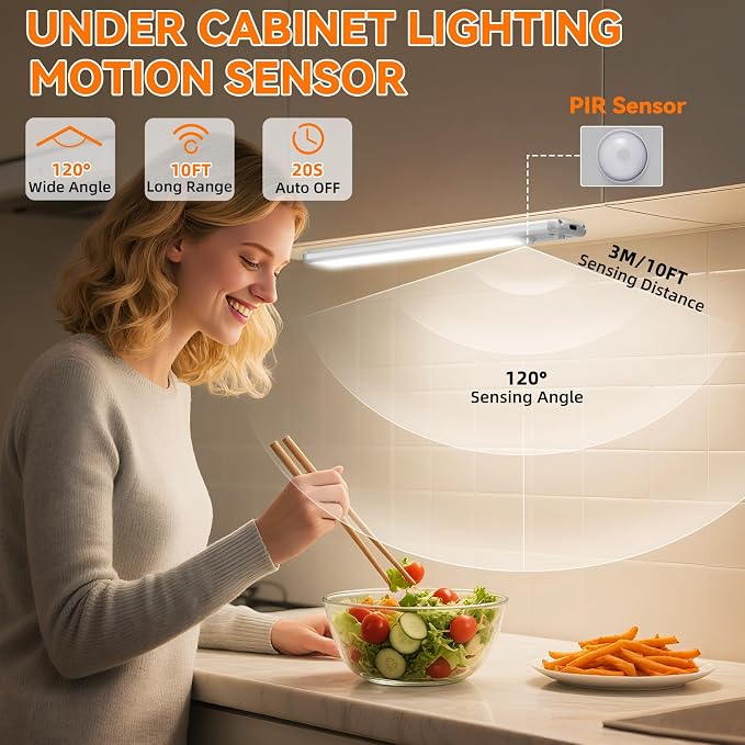 Under Cabinet Lighting Wireless, 10inch Motion Sensor Light Indoor, 3Pack | Rechargeable, 3 Color Temps, Dimmable, Power Display, LED Closet Light Magnetic, Under Counter Lights for Kitchen Shelf Home