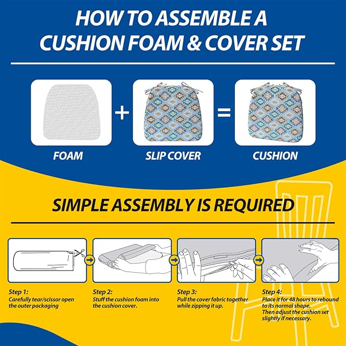 AAAAAcessories D-Shaped Chair Cushions, 2" Thick Dining Chair Pads with Ties and Removable, Machine-Washable Cover, 17" x 16", Set of 8, Geometric Blue
