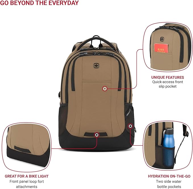 SWISSGEAR Cecil 18-Inch Laptop Backpack Fits 16-Inch Laptop, Travel Daypack with Organizer Pockets, Water Bottle Holders & Padded Straps – Pastel Brown/Black