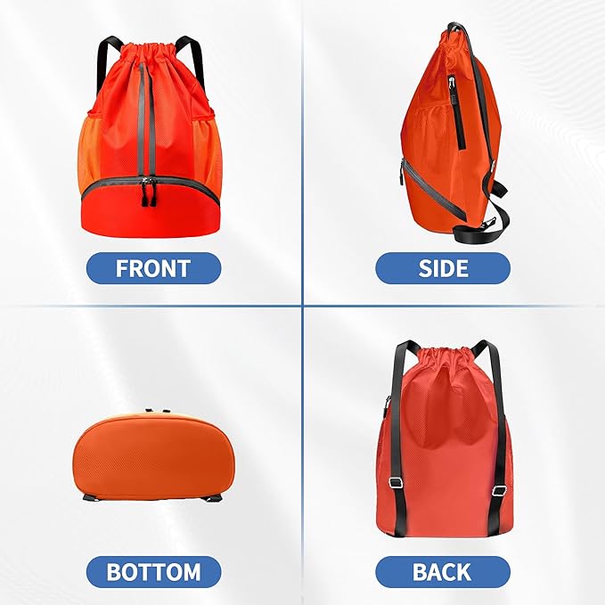 Drawstring Backpack Gym Bag with Shoes Compartment for Soccer, Basketball, Swim, Water-Resistant String Backpack Beach Cinch for Women Men, Red