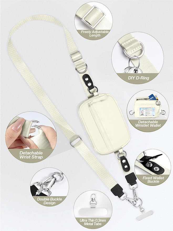Tiostep Clip and Go Strap for Phone with Wallet Crossbody Phone Lanyard Adjustable and Detachable Wristlet Wallet with ID Window and Zipper, Beige