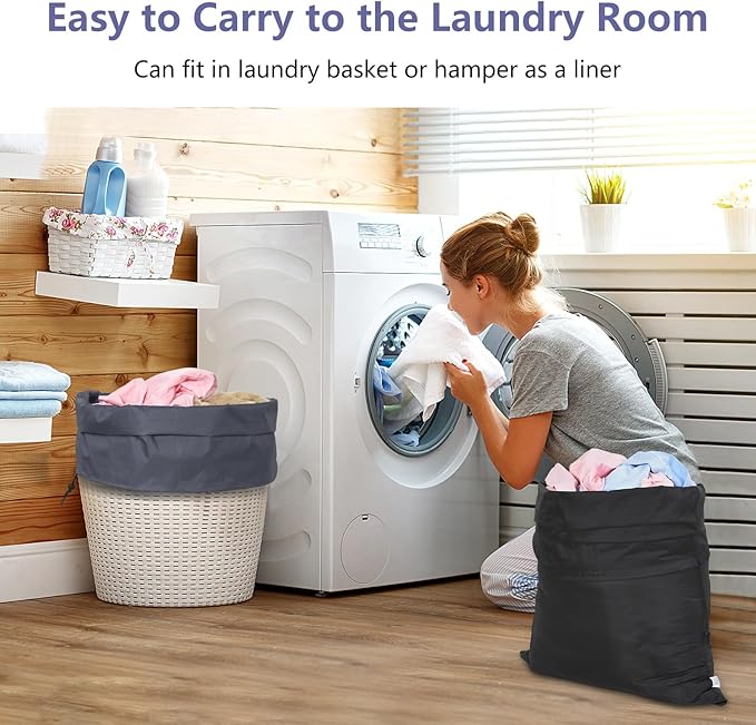 OTraki Laundry Bag 28x45 Inch Heavy Duty Laundry Wash Bag 2 Pack Large Laundry Basket Liner Bags Hamper Bag Dirty Clothes Organizer with Drawstring Closure Drying Do Not Exceed 176℉(Grey&Black)