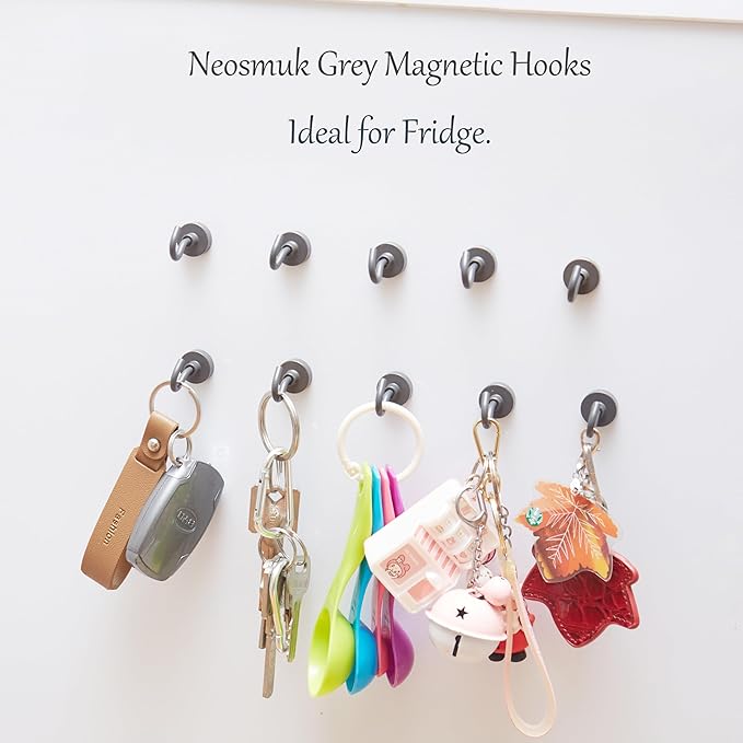 Neosmuk Magnetic Hooks, 30lb+ Heavy Duty Earth Magnets with Hook for Refrigerator, Extra Strong Cruise Hook for Hanging, Magnetic Hanger for Curtain, Grill(Grey, Pack of 6)