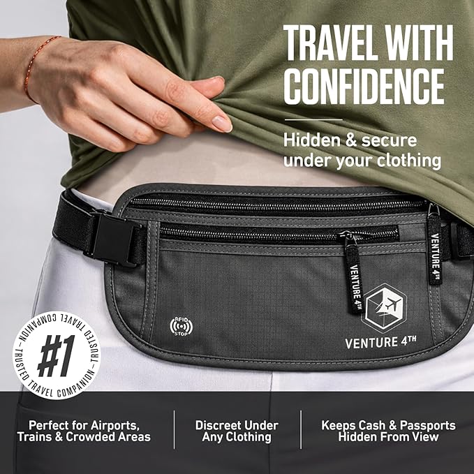 VENTURE 4TH Money Belt for Travel – Hidden Under-Clothes RFID Blocking Passport Holder & Slim Travel Wallet Pouch for Men & Women to Protect Cash, Cards & Documents (Gray)