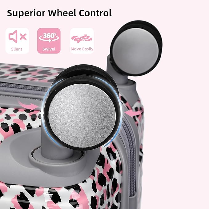 LARVENDER Luggage Sets 6 Piece, Expandable Luggage Hardside PC+ABS Leopard Suitcase Sets with Spinner Wheels TSA Lock, Lightweight Rolling Suitcase for Men and Women, Leopard Pink