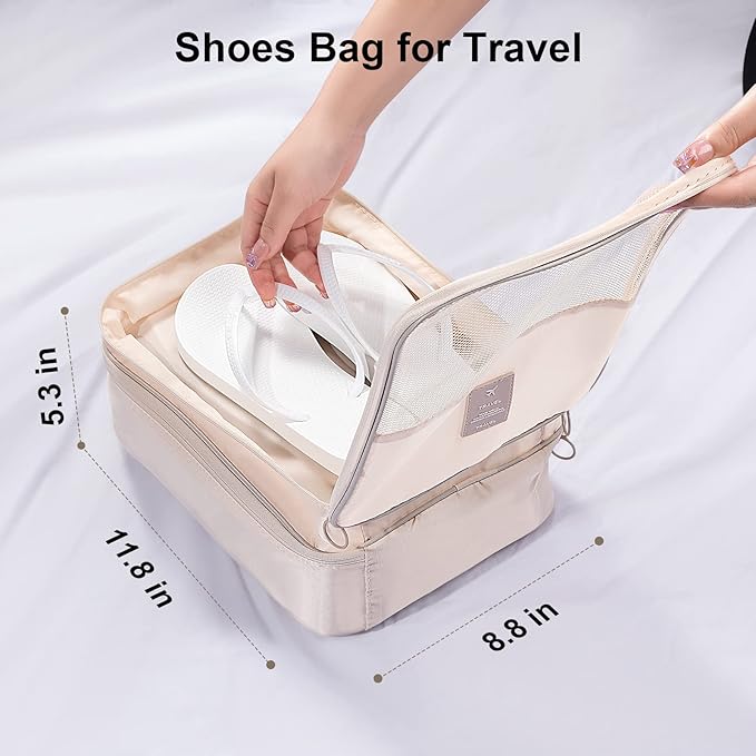 Shoe Bag for Travel, Travel Shoe Bag for Packing, Hold 3 Pairs of Shoes, Travel Essentials for Flying Shoe Organizer Shoe Storage Bag for Travel Light Beige