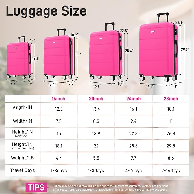 Pink 6 Piece Luggage Set Hard Shell - Traveling Suitcases with Spinner Wheels and Duffel Bags for Family Travel, Durable Carry On Luggage Sets with Lock for Women and Girls