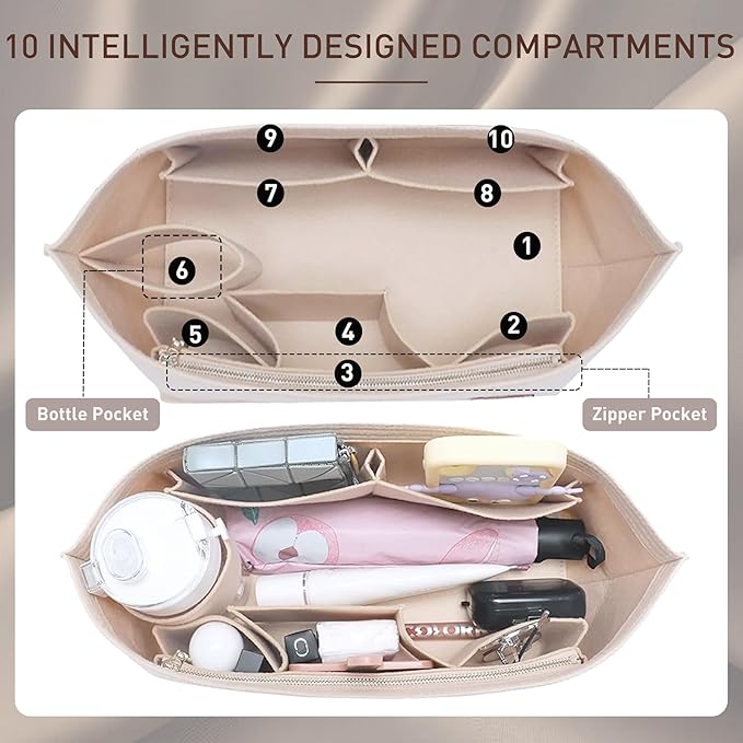 Doxo Purse Organizer Insert, Felt Bag Insert Tote Shaper Fit LV Neverfull PM & Base Shaper 2pc Set with Zipper Pocket and Bottle Holder (Medium-Beige-Combination)